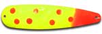 Warrior Lures 207 Hot Banana Hot Glow trolling / fishing spoons. Hot Glow Muskee, Salmon, Lake Trout, Steelhead trolling / fishing spoons. Glow for 3 hours!