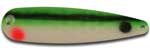 Warrior Lures 222 Green Grave Digger Hot Glow trolling / fishing spoons.  Hot Glow Muskee, Salmon, Lake Trout, Steelhead trolling / fishing spoons.  Glow for 3 hours!