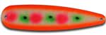 Warrior Lures 224 Orange Easter Egg Hot Glow trolling / fishing spoons.  Hot Glow Muskee, Salmon, Lake Trout, Steelhead trolling / fishing spoons.  Glow for 3 hours!