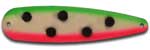 Warrior Lures 229 Watermelon Hot Glow trolling / fishing spoons. Hot Glow Muskee, Salmon, Lake Trout, Steelhead trolling / fishing spoons. Glow for 3 hours!
