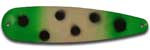 Warrior Lures 239 Green Froggy Hot Glow trolling / fishing spoons. Hot Glow Muskee, Salmon, Lake Trout, Steelhead trolling / fishing spoons. Glow for 3 hours!