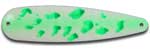 Warrior Lures 259 Green Splatter Hot Glow trolling / fishing spoons.  Hot Glow Muskee, Salmon, Lake Trout, Steelhead trolling / fishing spoons.  Glow for 3 hours!