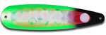 Warrior Lures 262 Green Menace Hot Glow trolling / fishing spoons.  Hot Glow Muskee, Salmon, Lake Trout, Steelhead trolling / fishing spoons.  Glow for 3 hours!